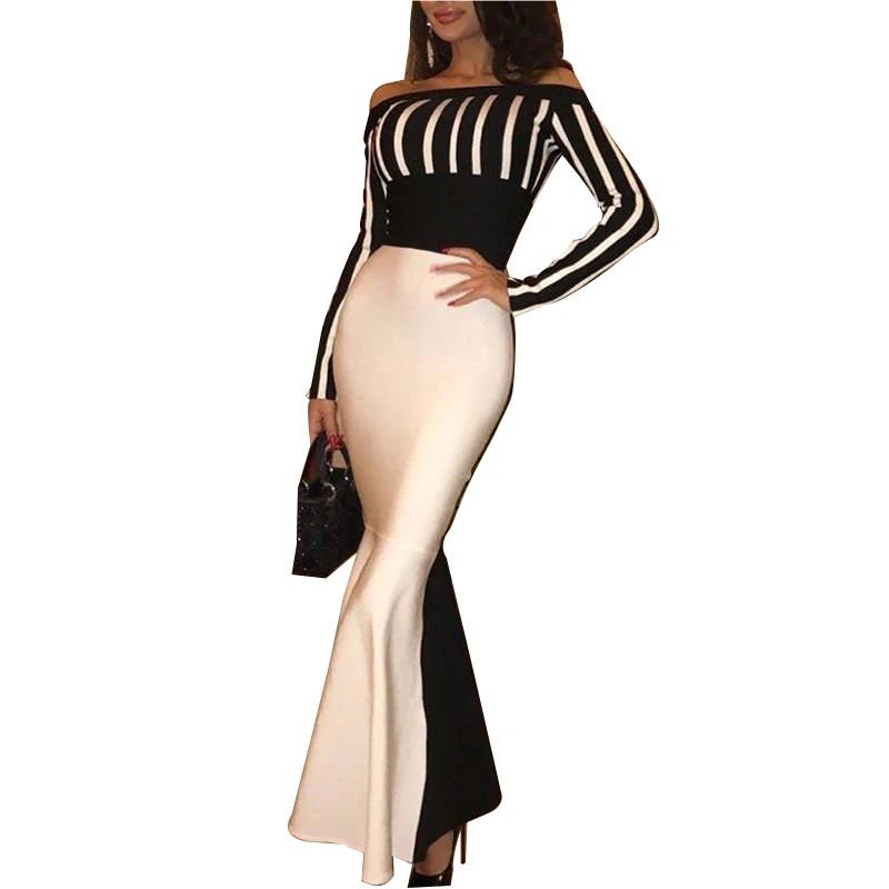 

2019 Women Elegant Fashion Work Wear maxi Party Dresses Off Shoulder Colorblock Striped Patchwork Insert Pep Hem Dress