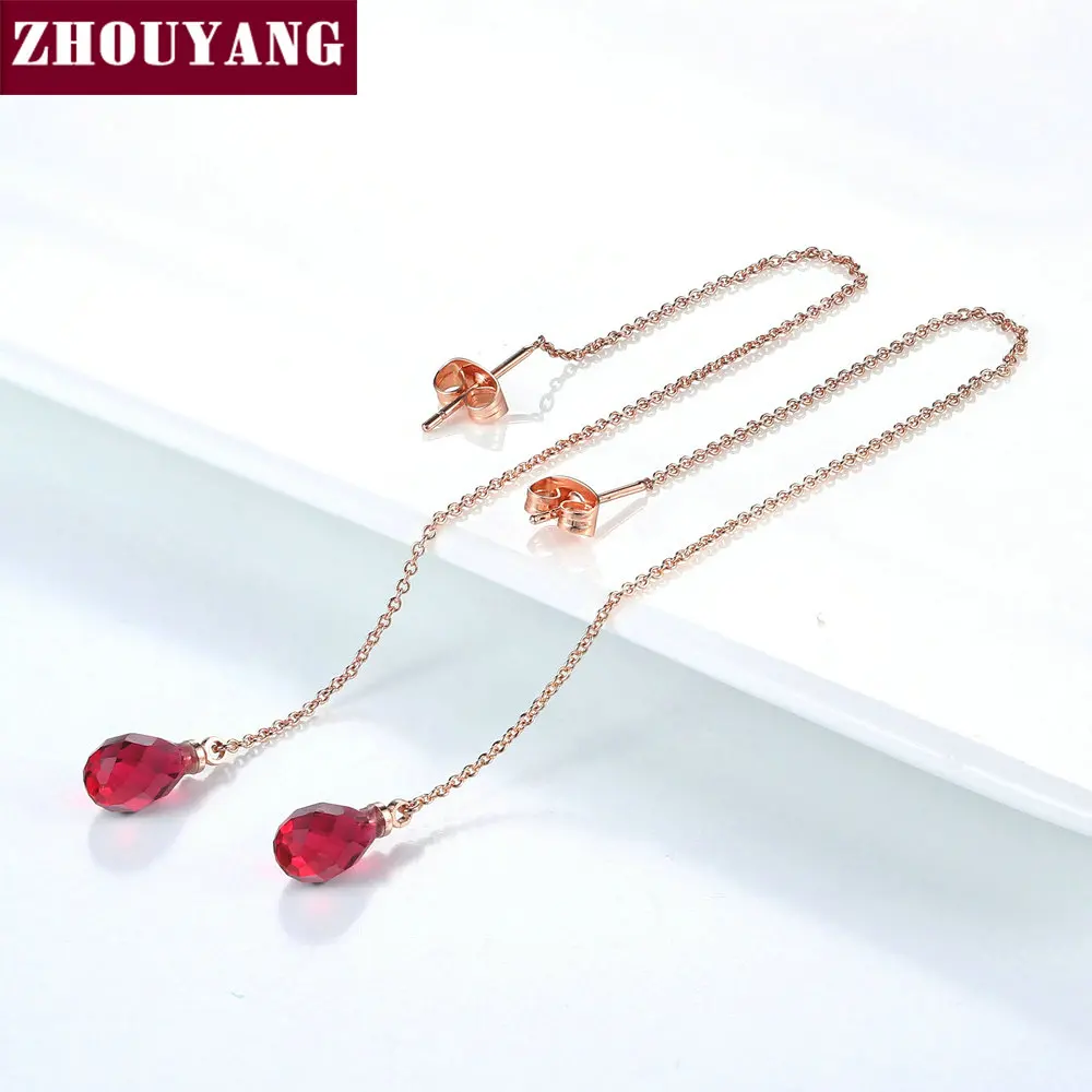 

ZHOUYANG Drop Chain Earrings For Women 3 Color Crystal Rose Gold Silver Color Gift Fashion Jewelry KC158 KC159 KC161 KC171 KC172