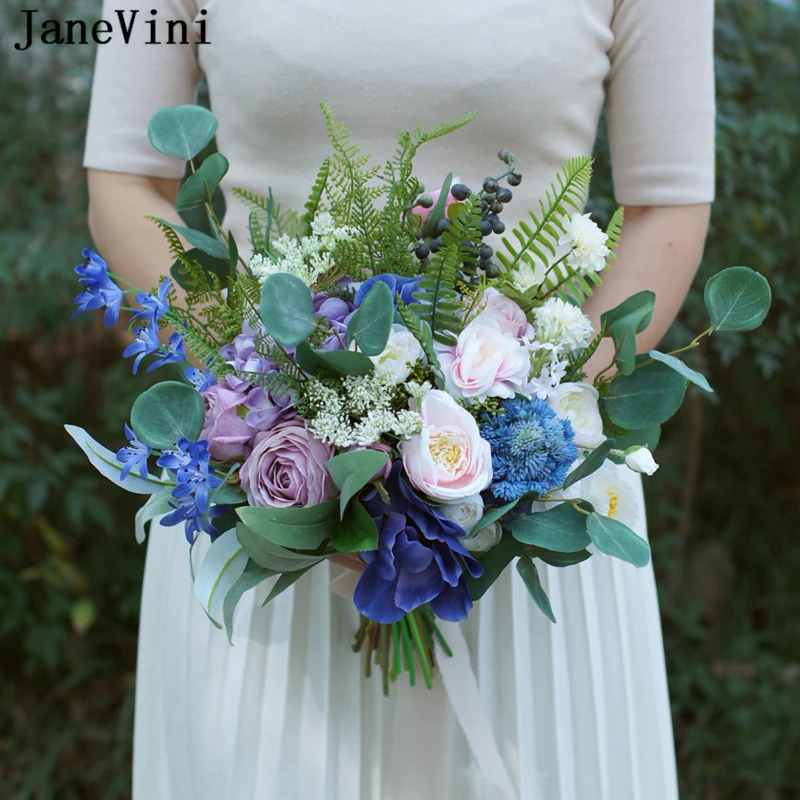 

JaneVini Chic Orchid Bouquet Wedding Bouquet Blue Artificial Silk Anemones Rose Bridal Flowers Fake Bouquet 2019 Buque De Noiva