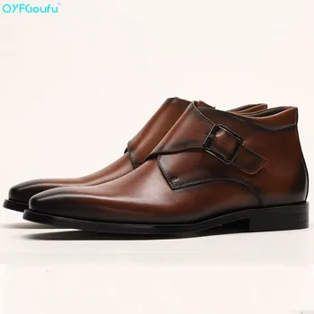 

QYFCIOUFU Square Toe Plain Genuine Cow Skin Boot Patina Brown Handmade Bespoke Leather Men Boots Casual Men's Buckle Ankle Boots