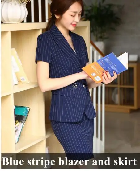 blueskirtsuit Деловой женский полосатый брючный костюм OL модный формальный тонкий Блейзер с короткими рукавами и брюки офисные женские большие размеры Рабочая одежда - Цвет: blueskirtsuit