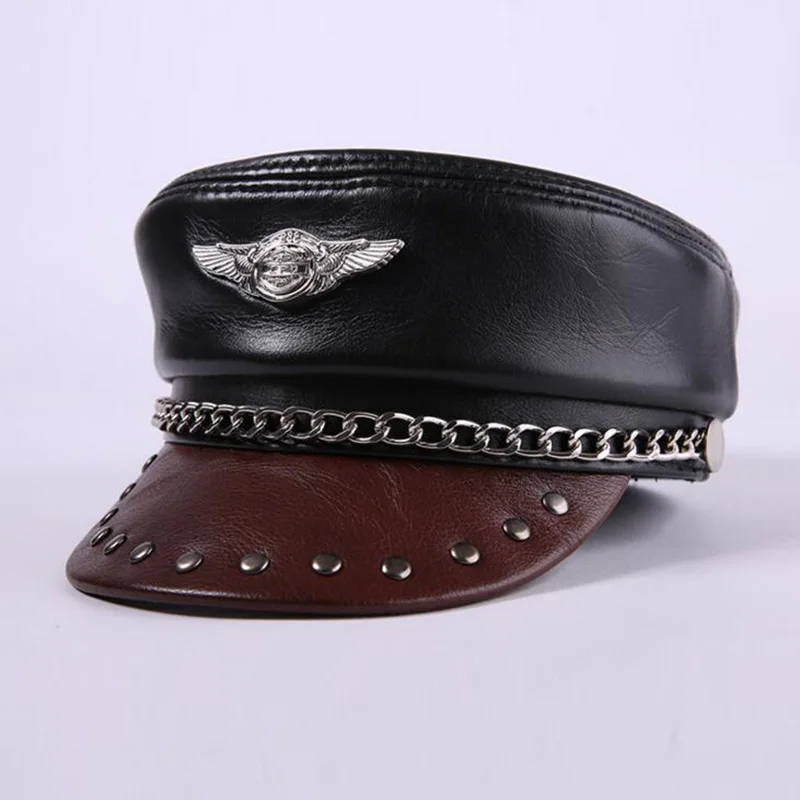 Men Genuine Leather Military Hat Male Fashion Chain Flat Top Army Hats Men Natural Leather Cap