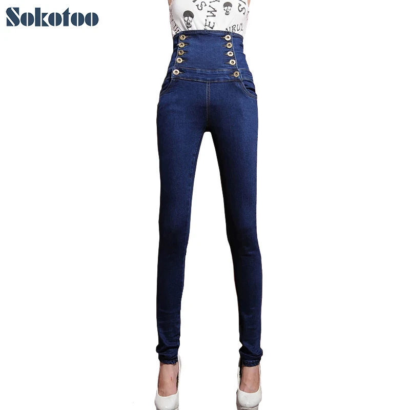 Sokotoo для женщин ультра высокая талия джинсовые обтягивающие джинсы Сейлор карандаш джинсы для брючные пуговицы fly кружево до длинные