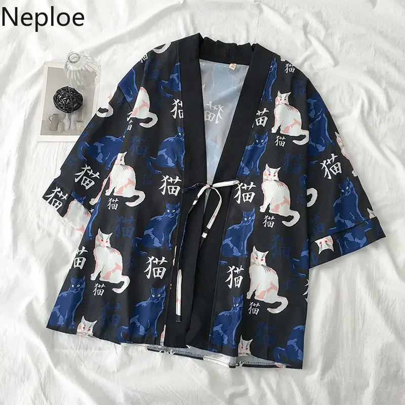 

Neploe Kimonos Woman Japanese Kimono Cardigan Kawaii Cat Cosplay Shirt for Women Vintage Lace Up Yukata Female Plus Size Blusas