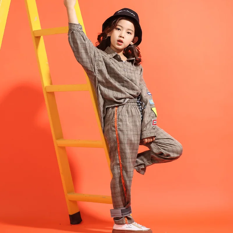 Детский костюм для танцев в стиле уличного джаза; Современные комплекты одежды; Одежда для девочек; комплекты в Корейском стиле в стиле хип-хоп; одежда в клетку для подростков; ws303