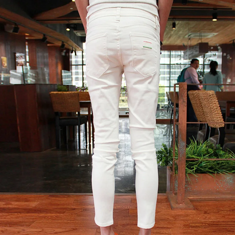 Мода Лето Черный Белый Мужчины s Distressed beggar Ripped обтягивающие рваные джинсы Мужчины Мальчики Хип-хоп ковбой по щиколотку брюки