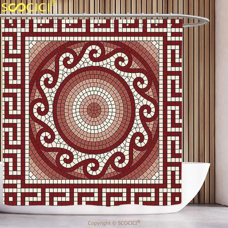 

Polyester Shower Curtain Abstract Mosaic with Classic Greek Meander Ornament Fractal Antique Pattern Ruby Burgundy Coral Cream