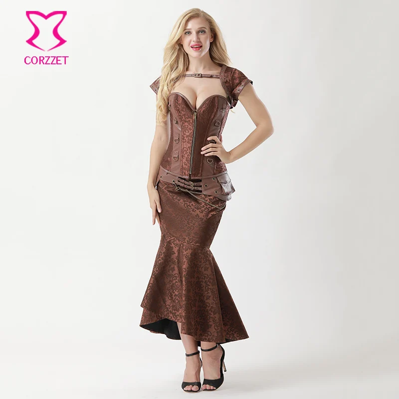 Corzzet Bruin Brocade Rits Staal Uitgebeend Corset Jurk Sexy Afslanken Mermaid Vintage Corset Rokken Corzzet Bruin Brocade Rits Staal Uitgebeend Corset Jurk Sexy Afslanken Mermaid Vintage Corset Rokken
