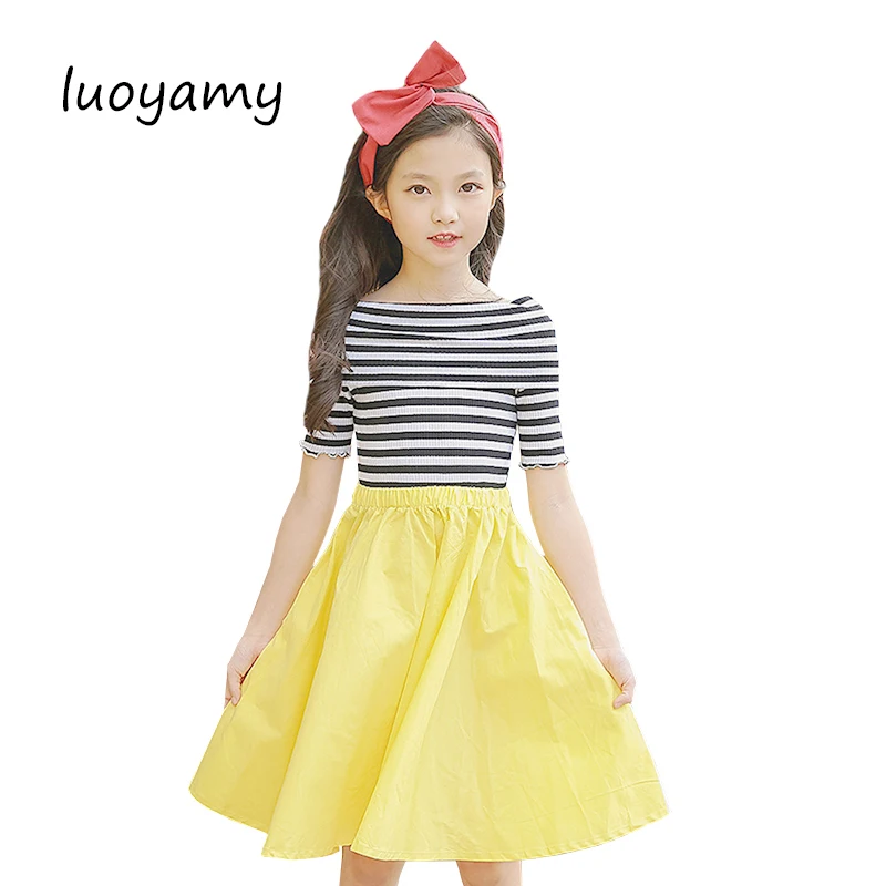 

luoyamy 2018 Girls Candy Color A-line Dress Baby Kids Spring Summer Shoulder-less Dress Children Striped Patchwork Dresses
