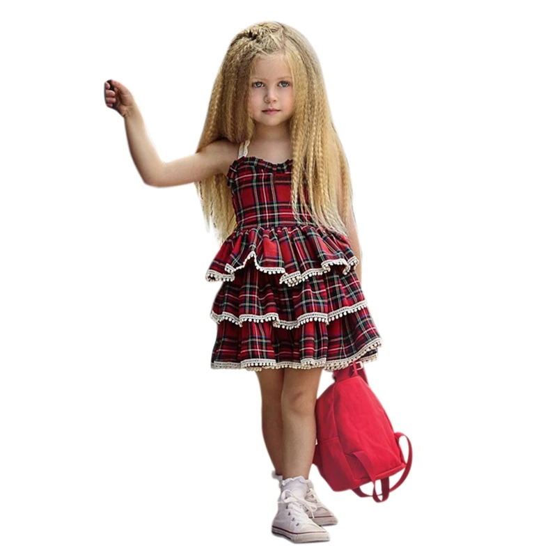 

Girls Cake Dress Mini Dress Sleeveless Elegant Princess Dress Square Print Solid Skirt Fashion Children Girls Clothes Slim Cas