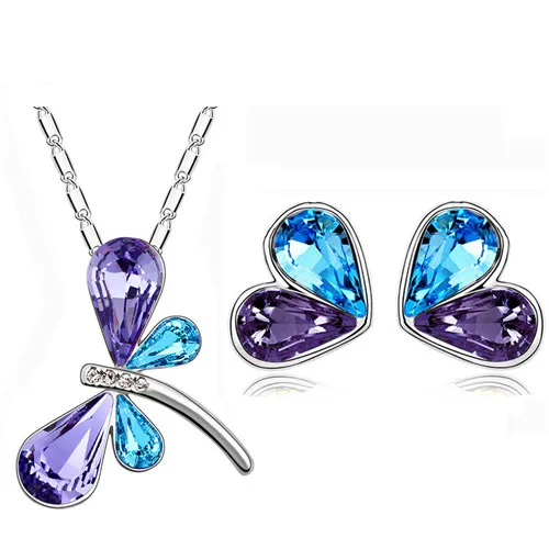 Австрийский Кристалл Стрекоза сердце кулон ожерелье серьги Модные Ювелирные наборы для девочек Прямая Высокое качество фирменный дизайн - Окраска металла: Purple Oceanblue
