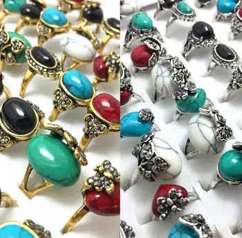 

50pcs Gold Silver MIX Turquoises Finger Ring Vintage Carved Flower Setting Women's Charm Stone Ring Great Gift Resale Wholesale