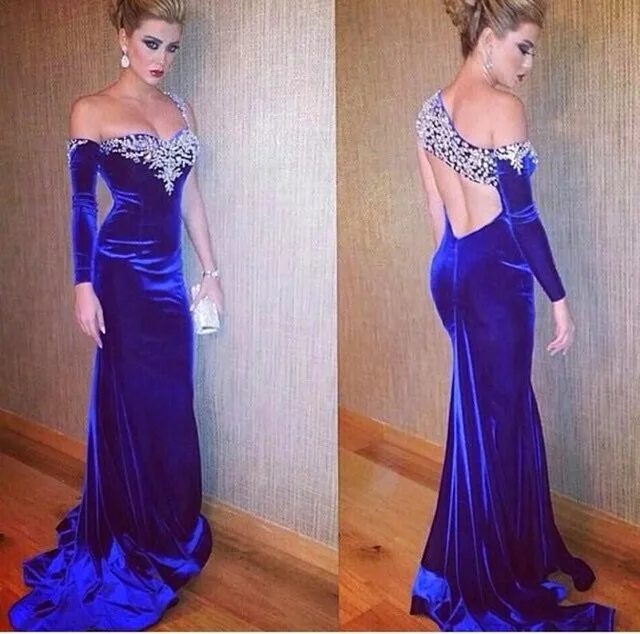 

Sexy One Shoulder Long Sleeve Mermaid Floor Length Velour Long Formal Evening Party Dresses Vestidos De Noche