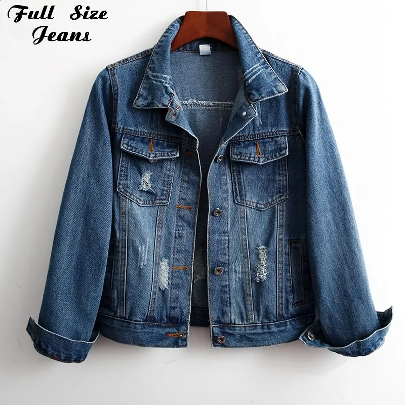 

Women Plus Size Ripped Vintage Blue Casual Basical Denim Jacket 3XL 5XL Streetwear Single Breast Slim Women Denim Denim Coat