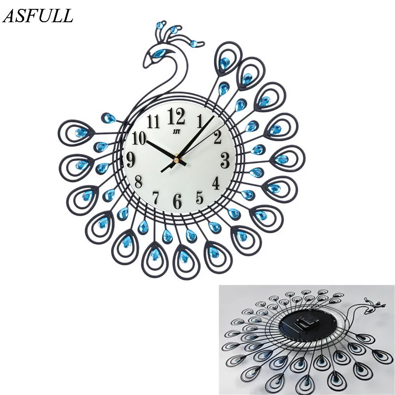 

ASFULL Diamond Peacock Large Wall Clocks Metal Living room Creative Fashion Silent Wall Watch Home Decor clock wall free shippi