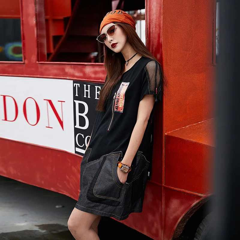 Punk Rock Jean shirt dress Mesh Sleeve Above Knee women dresses Short Sleeve 2019 Women Denim Pockets Vestidos Summer LT925S50