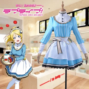 

Anime Love live Cosplay Tea Party Unawakened Ayase Eli Cosplay Costume Maid Blue Skirt Apron Hairpin Socks Accessories Bow