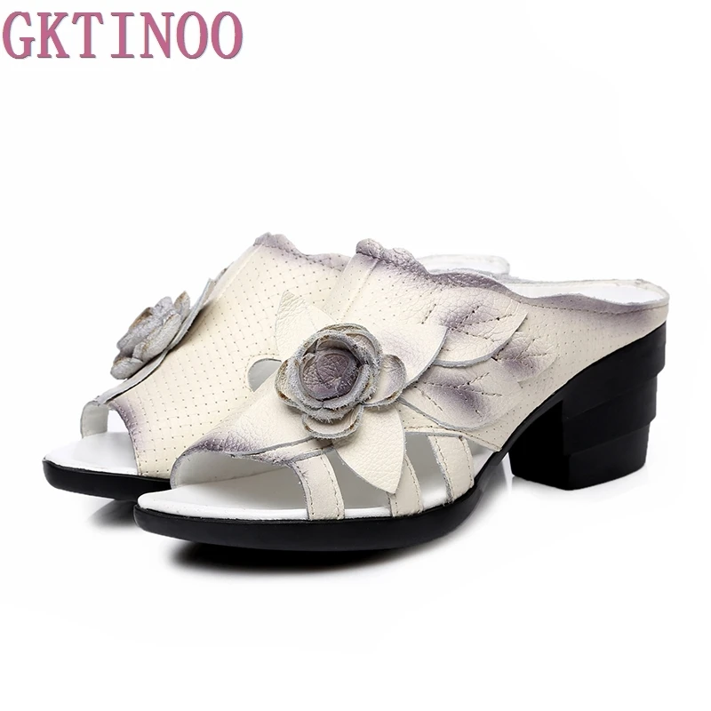 GKTINOO/тапочки с цветочным принтом; Летняя обувь из натуральной кожи; шлепанцы ручной работы с открытым носком на высоком каблуке; женские шлепанцы