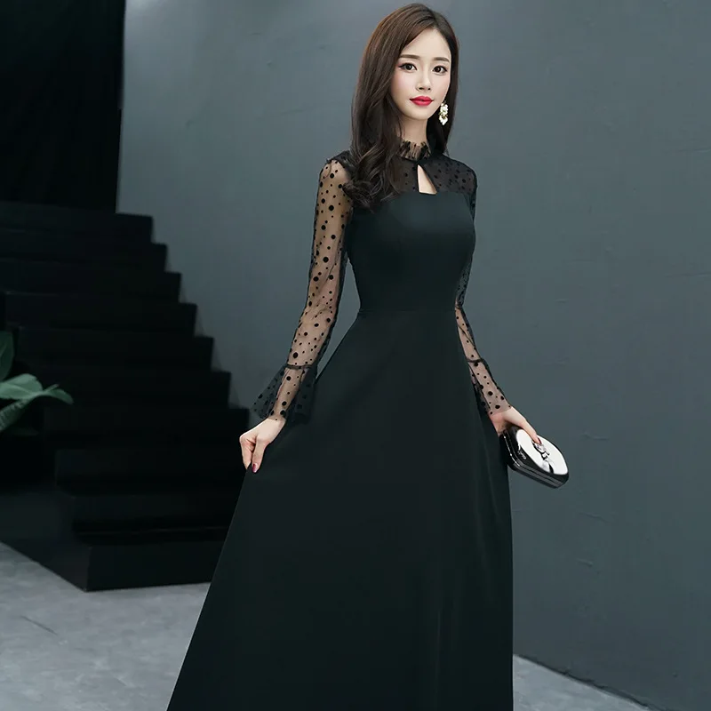 Это YiiYa вечернее платье простое черное с круглым вырезом и длинным рукавом Вечерние платья в горошек длиной до пола E062