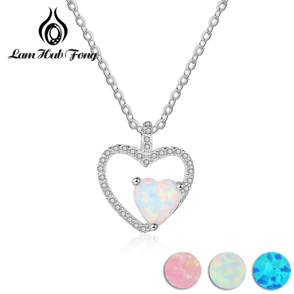 

Romantic Real Pure 925 Sterling Silver Heart Necklace Blue Pink White Opal Pendant Necklaces Wedding Jewelry Gift (Lam Hub Fong)