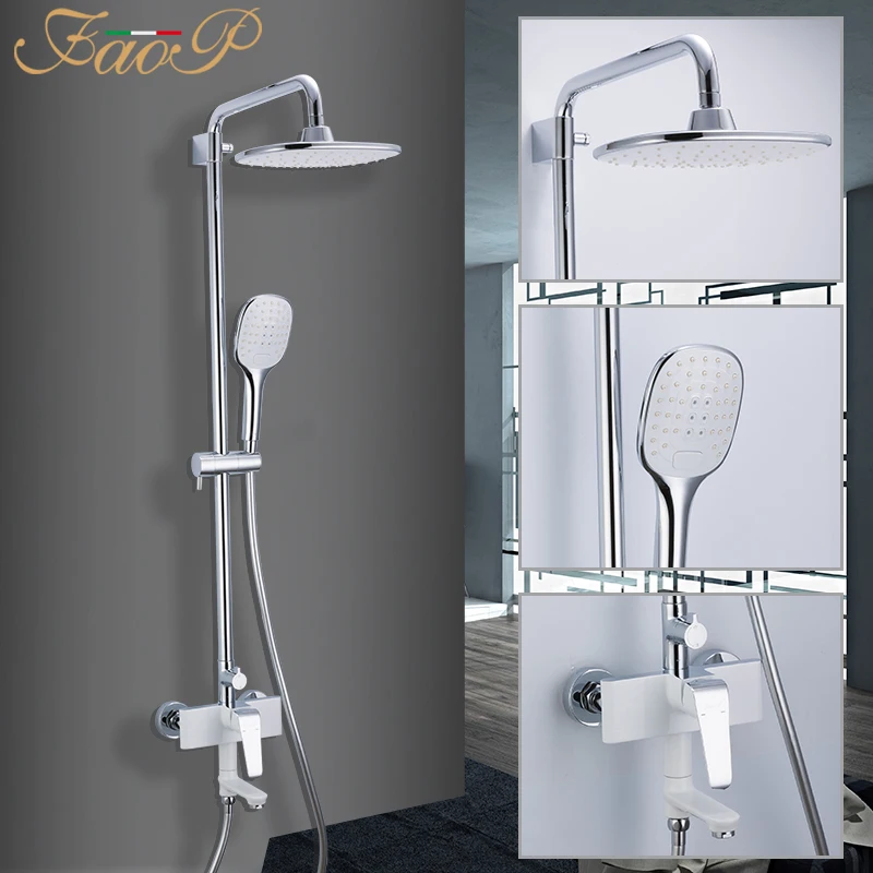 FAOP shower faucets white bathroom shower set waterfall rainfall shower heads brass shower panel bathroom mixer faucets