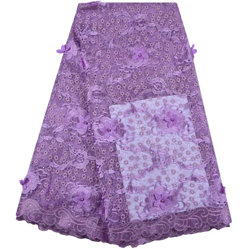 

Lilac African Lace Fabric 2018 High Quality African Tulle Lace Fabric 3D Flower Beads French Net Lace For Women Dress S1372
