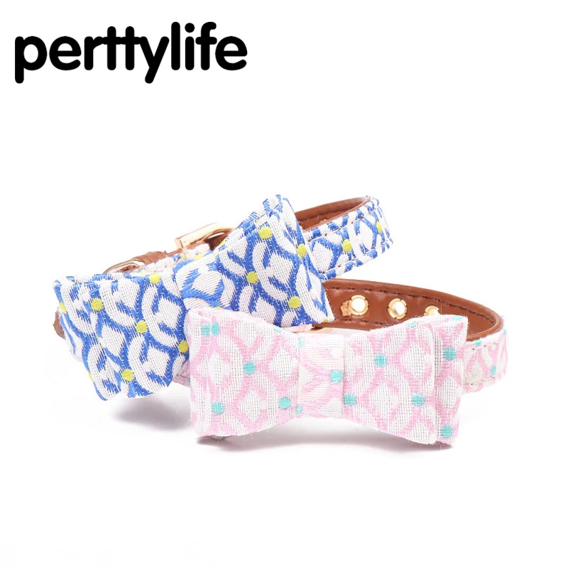 PERTTYLIFE pink blue dog collar with bow tie for big and small dog cotton fabric collar pet