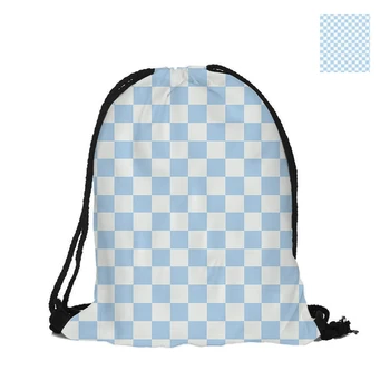 

White And Light Blue Lattice Drawstring Backpack Double Sided Printing Polyester Pouch Backpacks For Travel And School