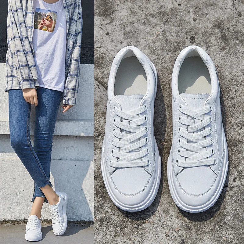 

2018 Fashion Genuine Leather Shoes Women Vulcanization Shoes Brand Woman Breathable Casual Flats white Shoes Sneakers Women's