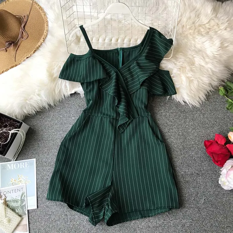 

NiceMix Summer Ladies Ruffled Short Playsuit Irregular Off-shoulder High Waist Women Stylish Jumpsuits Striped Fashion Romper