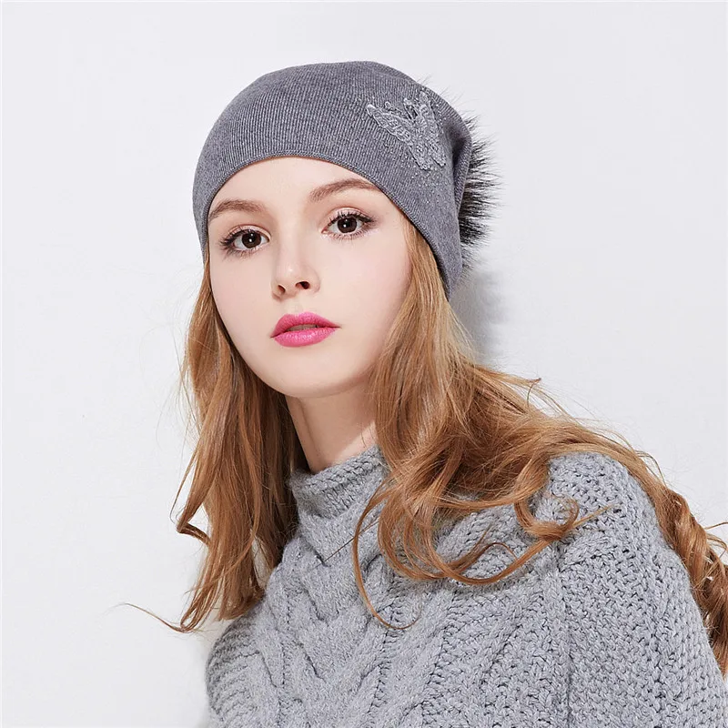 Xthree new Rhinestone embroidery Winter Wool Knitted Hat for Women Beanie Skullie Warm Cap Real Fur Pom Gorro Female Cap 4