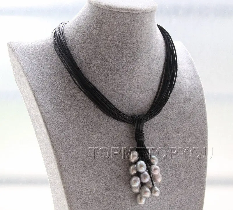 

Free Shipping >> new hot New 15Strands black leather gray pearls Choker necklace pendant E2237