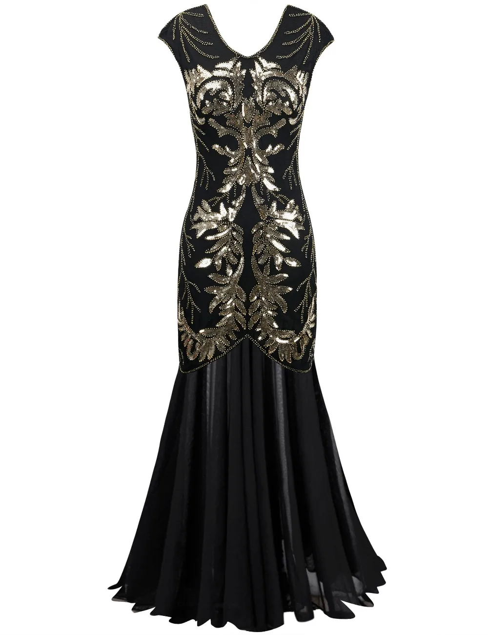 PrettyGuide Women's 1920s Sequin Maxi Long Black Cocktail Prom Gatsby Dress Ball Gown Party 