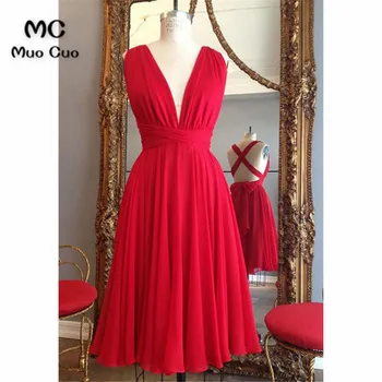 

Simple 2018 Short Evening Prom dresses Short Pleat V Neck Chiffon Tea Length Vestidos de fiesta Formal Evening Dress Short