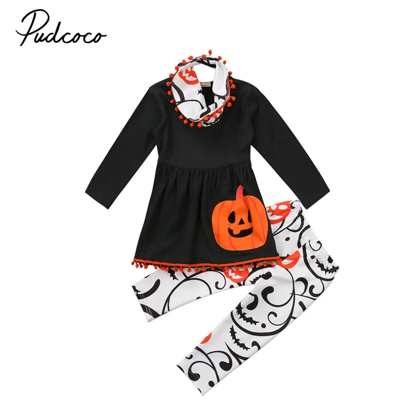 pudcoco 2 7T 3Pcs Toddler Kids Baby Girl Halloween clothes girls Pumpkin Cotton long sleeve T