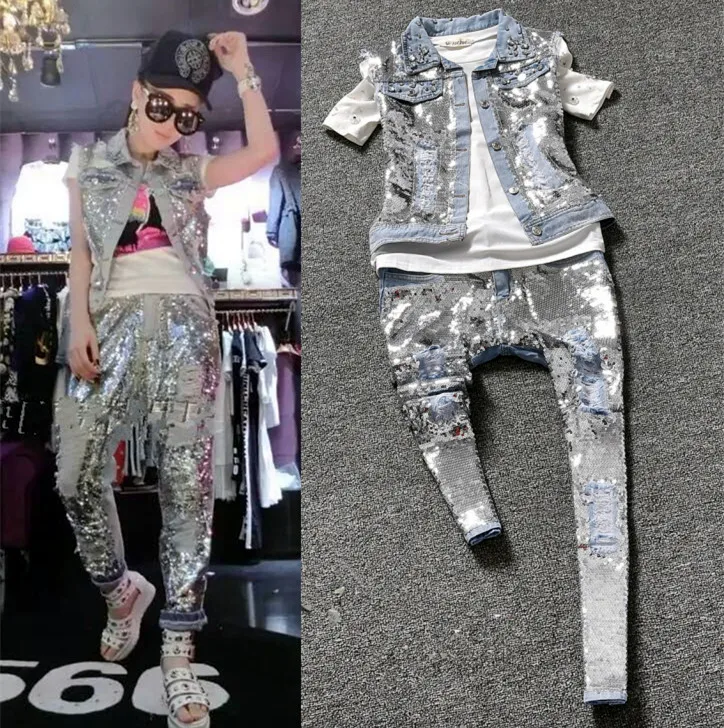 Belt! Bling Bling Denim jeans clothing set sequined vest with rhinestone and sparkle ripped