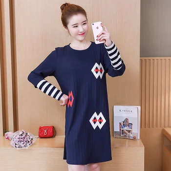 

women o neck casual dresses outfit new korean fashion print knitting splicing long-sleeved dress vestidos knitwear L-5XL plus