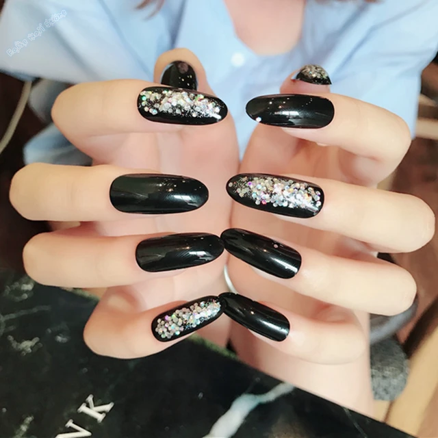 Shiny Black Fake Nails Oval Top Acrylic Tips Glitter Silver Shiny Black Fake Nails Oval Top Acrylic Tips Glitter Silver Sequins Full Cover Flase
