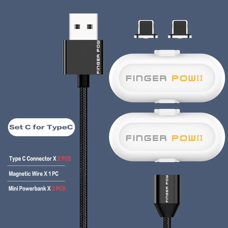 Fingerpow Магнитная Быстрая зарядка мини powerbank для iphone android type C внешняя зарядка аккумулятора 18650 Powerbank USB кабель для передачи данных - Цвет: Set C For Type C