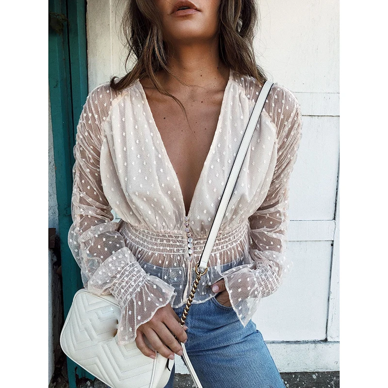 

White Polka Dot Mesh Top Women T-shirt Long Sleeve Elegant Sexy See Through V Neck Womens Clothing Summer Spring 2019 SJ1827T