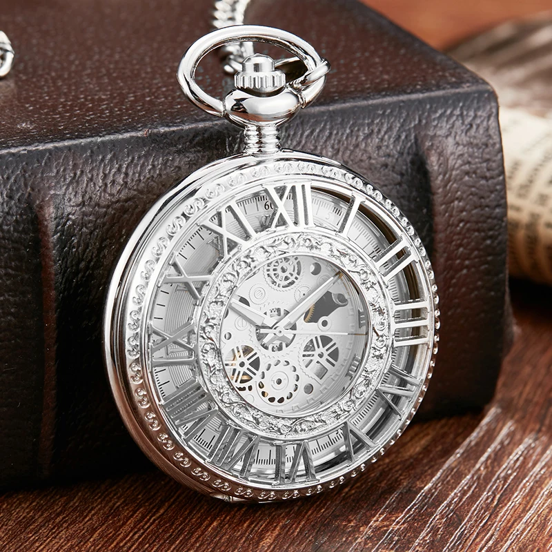 Vintage Mechanical Pocket Watch Men Women Fashion Roman Numerals Hollow Fob Chain Hand Wind Steampunk Clock Skeleton Watch