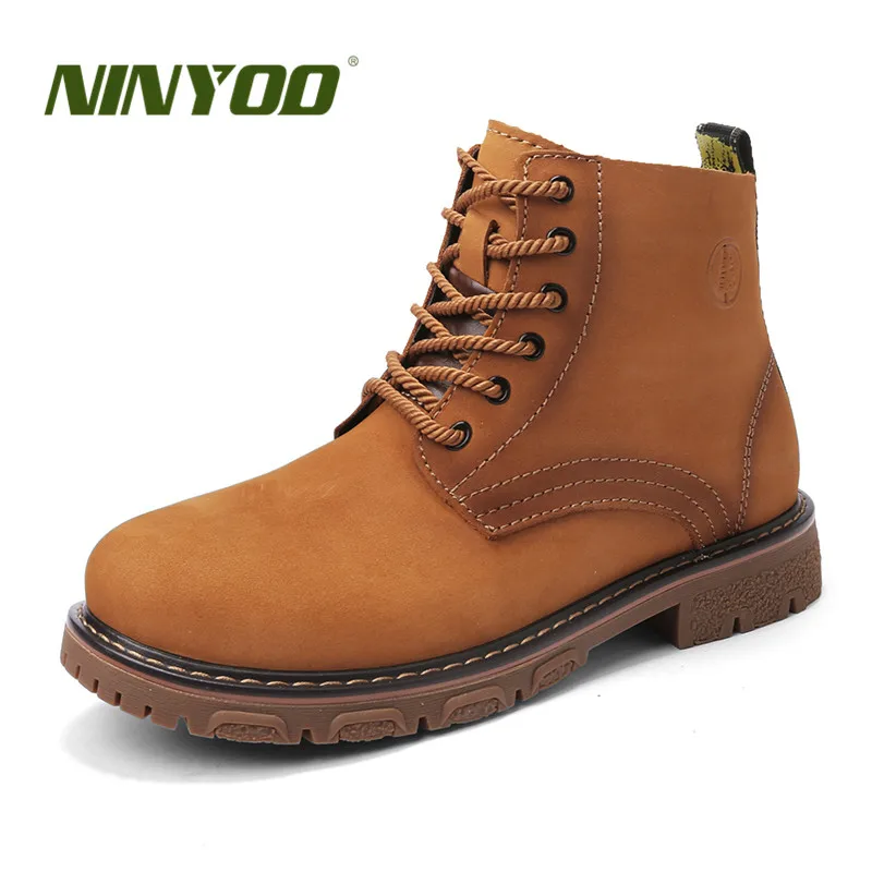 

NINYOO New Spring Men Boots Genuine Leather Ankle Martin Waterproof Autumn Working Shoes Winter Male Warm Snow Boots Desert
