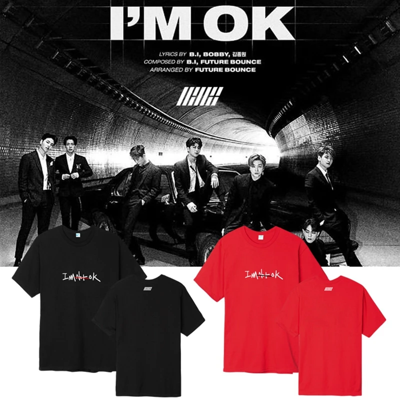 Summer style ikon album new kids i'm ok same printing o neck short sleeve t shirt kpop k-pop unisex loose unisex t-shirt (1)