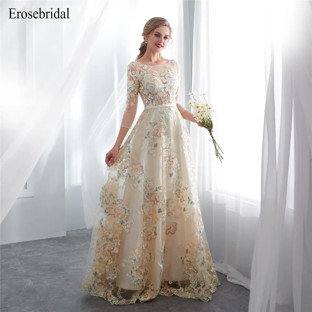 Cheap Evening Dress Long 2019 Erosebridal A Line Evening Gowns Long Sleeve Sexy Illusion Bodice robe de soiree LRK-03
