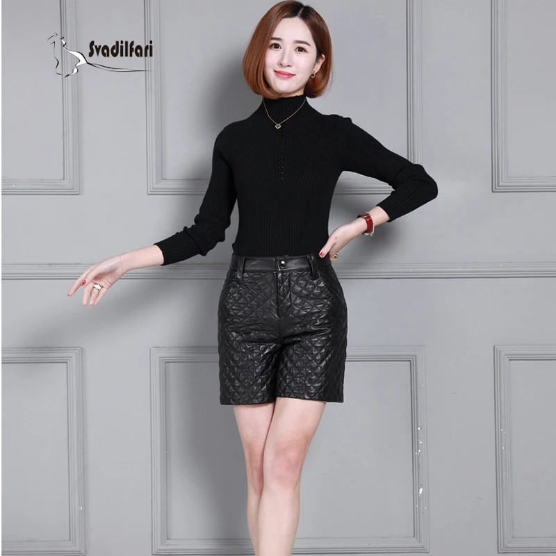 2018 Lente plus size 4XL hoge taille plus katoen verdikking pak lederen shorts vrouwen basic boot schapenvacht korte broek zwart 2018 Lente plus size 4XL hoge taille plus katoen verdikking pak lederen shorts vrouwen basic boot schapenvacht korte broek zwart