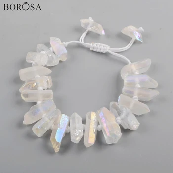 

BOROSA 5PCS 11inch AB Electroplated Natural Crystal Cluster Point Clear Crystal Quartz Beads Adjustable Bracelets Jewelry WX1149