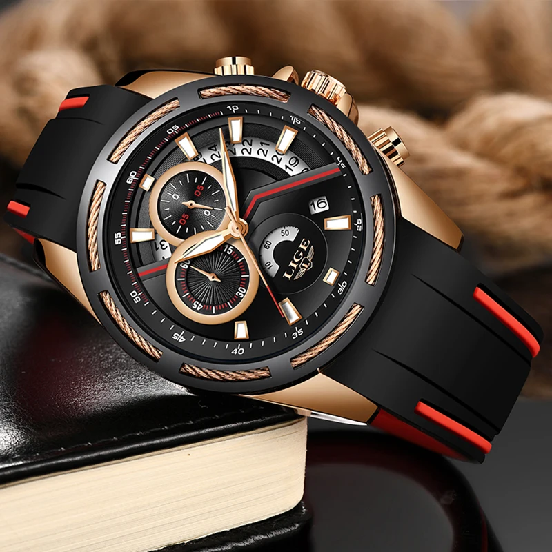 Relogio Masculino 2019 LIGE Mens Watches Silicone Strap Top Brand Luxury Waterproof Sport Chronograph Gold Quartz Wristwatch+Box