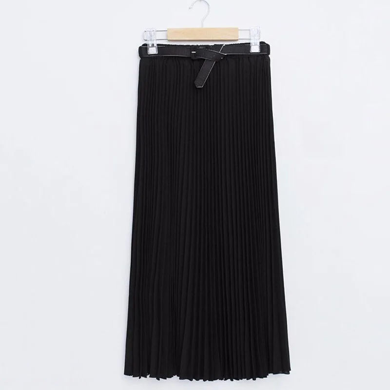 Long Pleated Skirts Womens Chiffon Elastic Waist Summer All Match Solid Tulle Maxi Skirt With Belt Faldas Khaki Black Pink