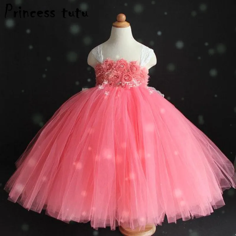 

2017 Flower Girl Dresses Sleeveless Red Wedding Ball Gown Prom Party Dress Tulle Puffy Formal Dress For Kids Costume 2-10 Y W002