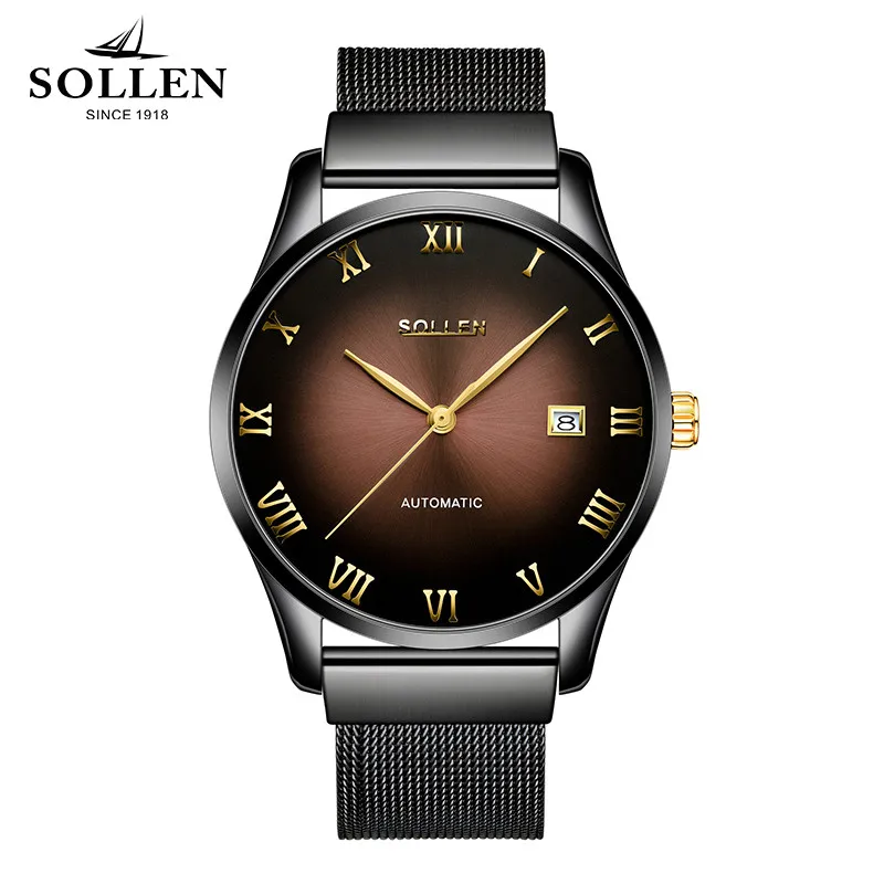 

SOLLEN Watch Men Stainless Steel Mesh Strap mechanical date clock Multi-function Male Watches Waterproof relogio masculino